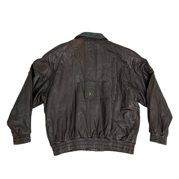 Gino Di Giorgio Leather Brown Jacket With Green Collar & Plaid Lining Sz M - Picture 3 of 7